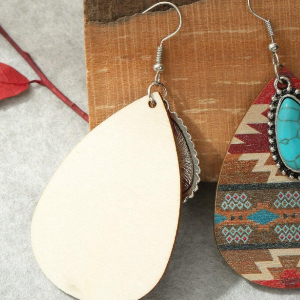 Boho Southwestern Turquoise & Tribal Aztec Wood Teardrop Dangle Earrings NEW - Picture 6 of 9